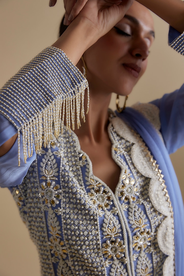 Blue Silk Organza Embroidered Gharara Set by Keith Gomes at Pernia's Pop Up Shop