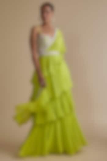 Green Georgette Draped Skirt Set by Keith Gomes