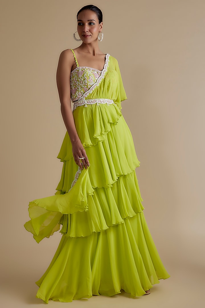 Green Georgette Draped Skirt Set by Keith Gomes