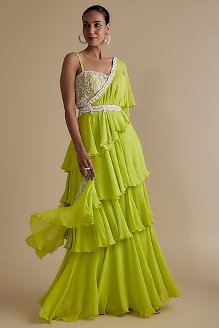Green Georgette Draped Skirt Set by Keith Gomes