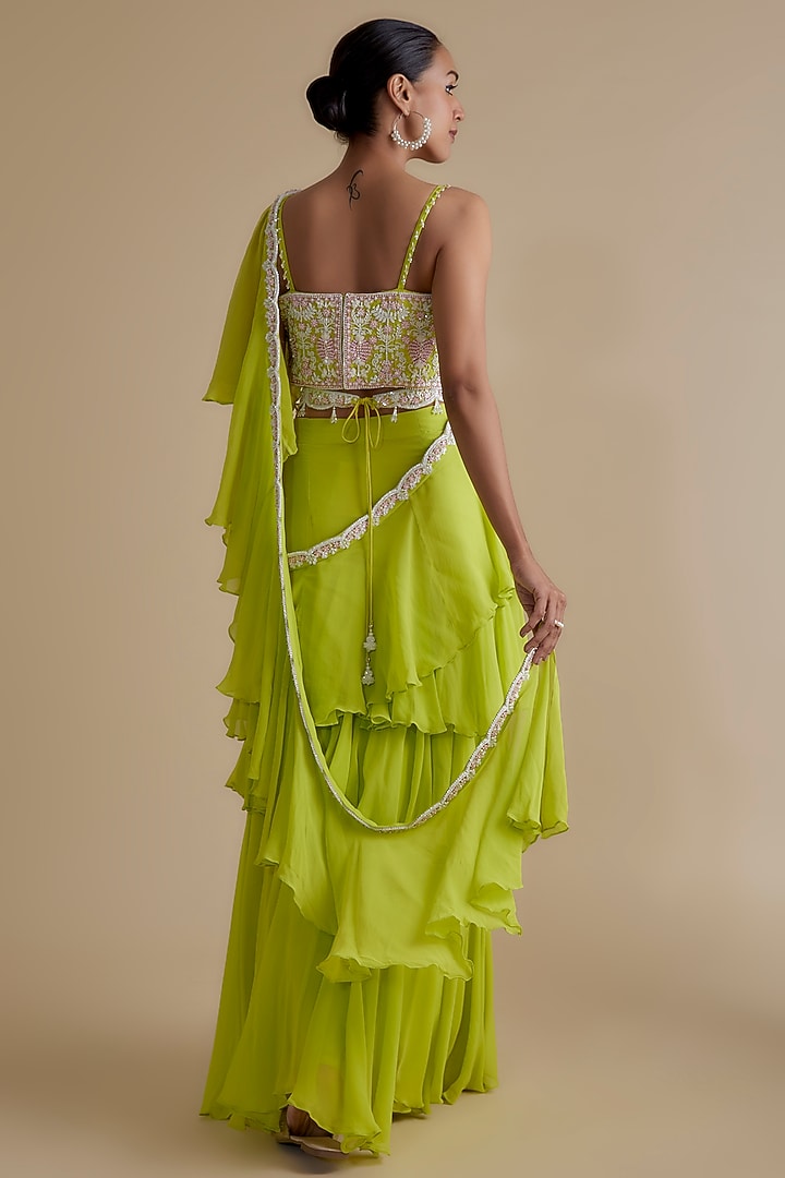 Green Georgette Draped Skirt Set by Keith Gomes at Pernia's Pop Up Shop