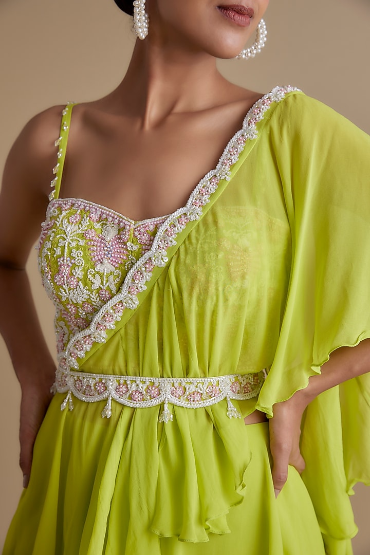 Green Georgette Draped Skirt Set by Keith Gomes at Pernia's Pop Up Shop