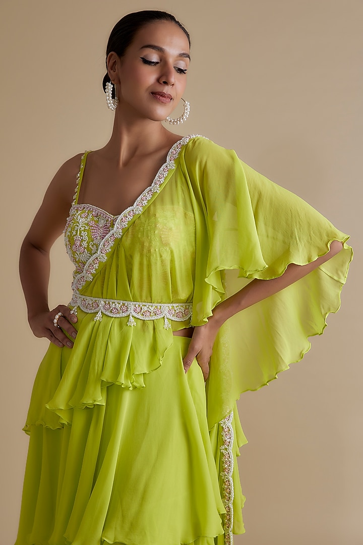 Green Georgette Draped Skirt Set by Keith Gomes at Pernia's Pop Up Shop