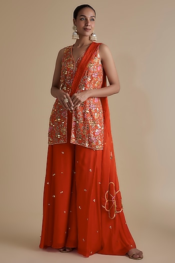 Orange Silk Organza Embroidered Tunic Set by Keith Gomes at Pernia's Pop Up Shop
