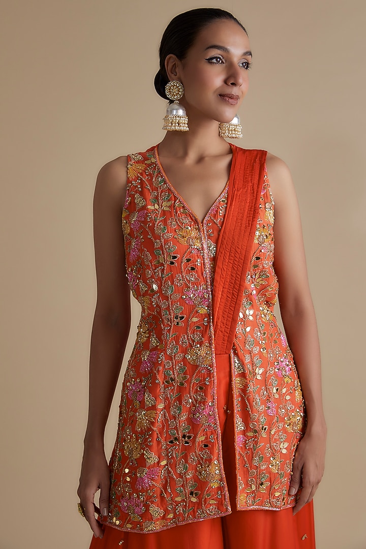 Orange Silk Organza Embroidered Tunic Set by Keith Gomes at Pernia's Pop Up Shop