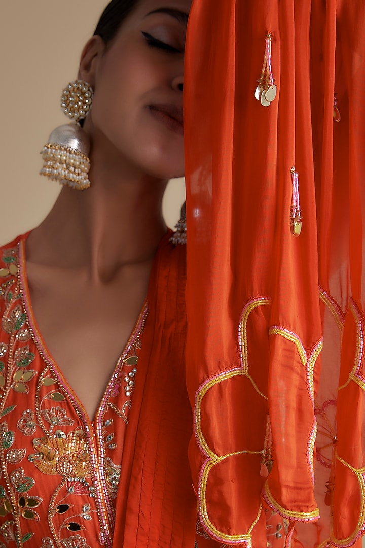 Orange Silk Organza Embroidered Tunic Set by Keith Gomes at Pernia's Pop Up Shop