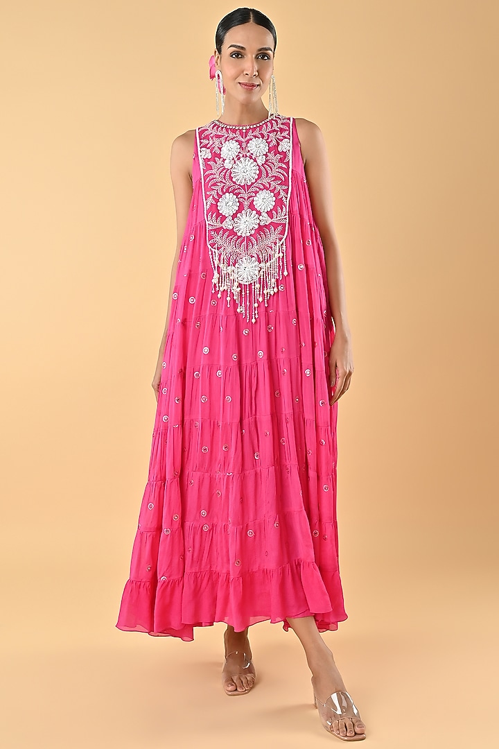 Pink Crepe Bead Embellished Tiered Vacation Dress by Keith Gomes at Pernia's Pop Up Shop