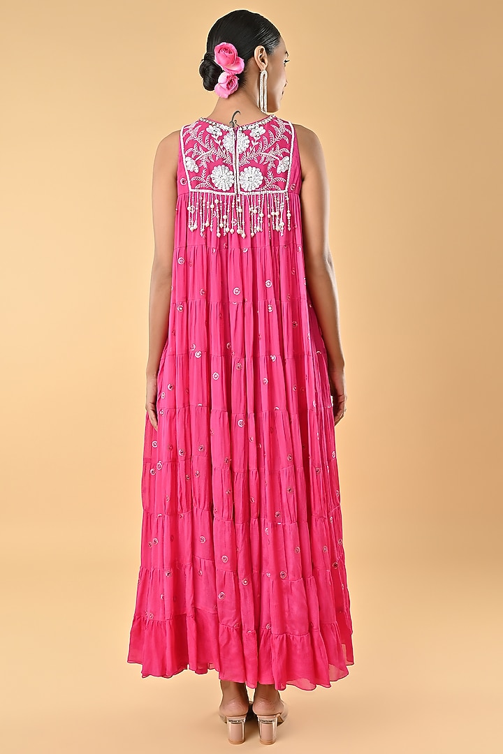 Pink Crepe Bead Embellished Tiered Vacation Dress by Keith Gomes at Pernia's Pop Up Shop