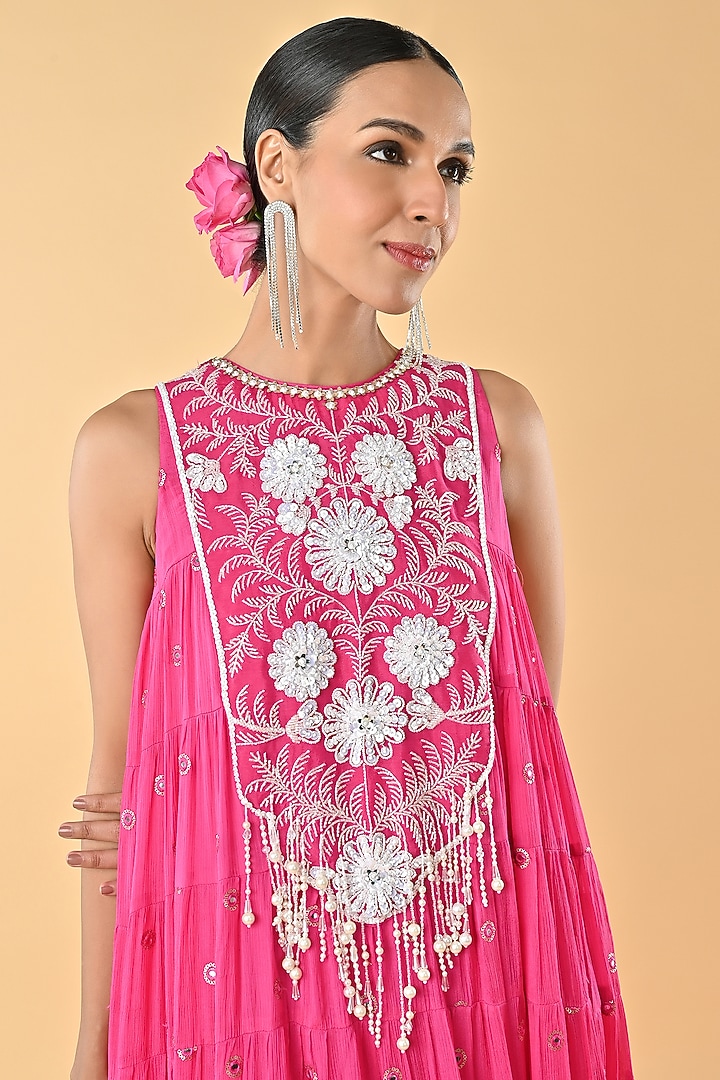 Pink Crepe Bead Embellished Tiered Vacation Dress by Keith Gomes at Pernia's Pop Up Shop