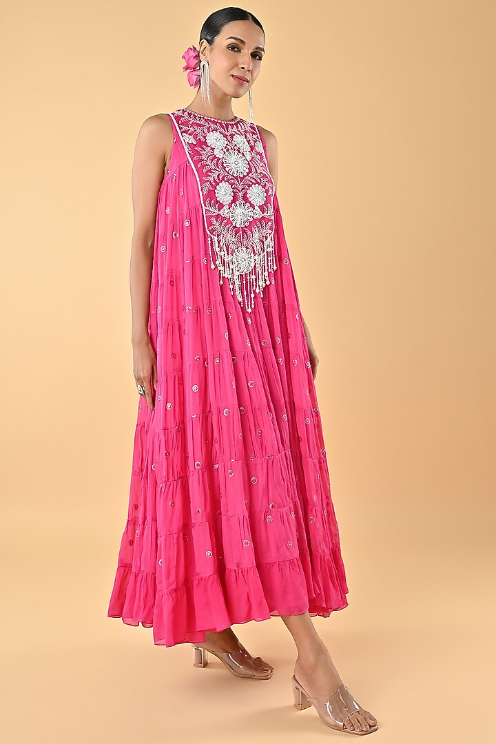 Pink Crepe Bead Embellished Tiered Vacation Dress by Keith Gomes at Pernia's Pop Up Shop