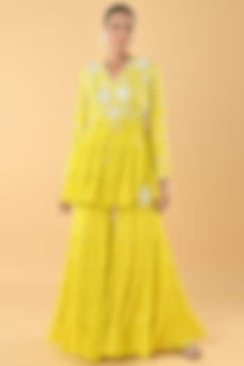 Yellow Chiffon Crepe Tiered Gharara Set by Keith Gomes at Pernia's Pop Up Shop