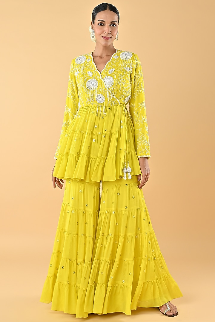 Yellow Chiffon Crepe Tiered Gharara Set by Keith Gomes at Pernia's Pop Up Shop