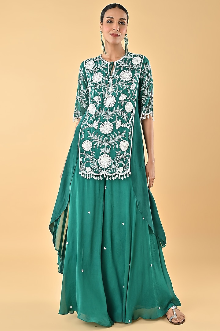Green Silk Organza Bead Embellished Tunic Set by Keith Gomes at Pernia's Pop Up Shop
