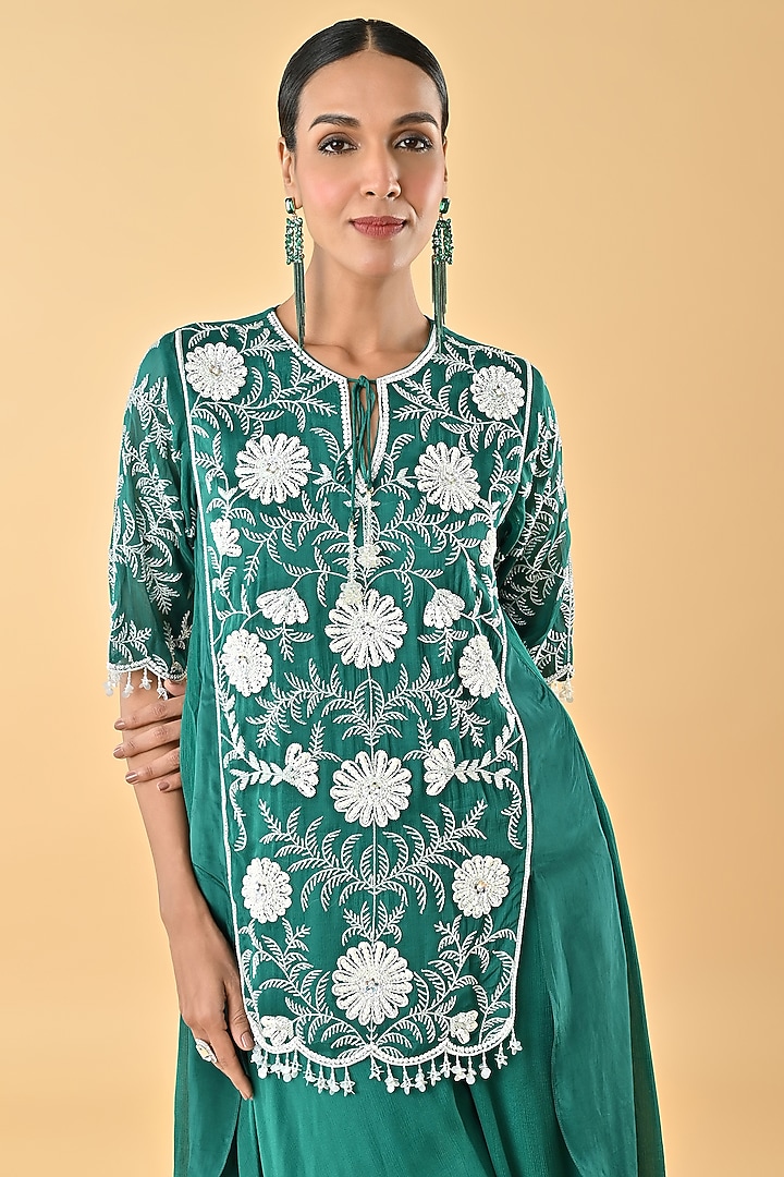 Green Silk Organza Bead Embellished Tunic Set by Keith Gomes at Pernia's Pop Up Shop