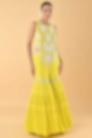 Yellow Chiffon Crepe Tiered Gharara Set by Keith Gomes at Pernia's Pop Up Shop