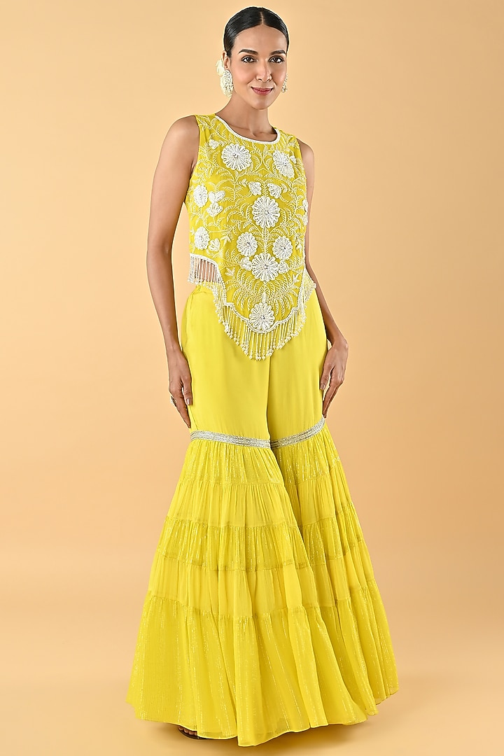 Yellow Chiffon Crepe Tiered Gharara Set by Keith Gomes at Pernia's Pop Up Shop