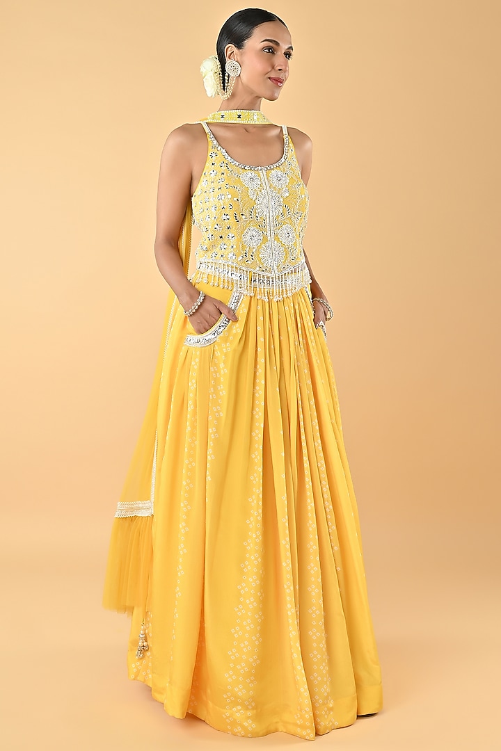 Yellow Chiffon Crepe Bandhani Printed Wedding Lehenga Set by Keith Gomes at Pernia's Pop Up Shop
