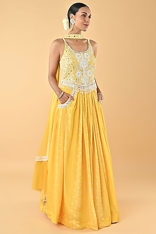 Yellow Chiffon Crepe Bandhani Printed Lehenga Set by Keith Gomes