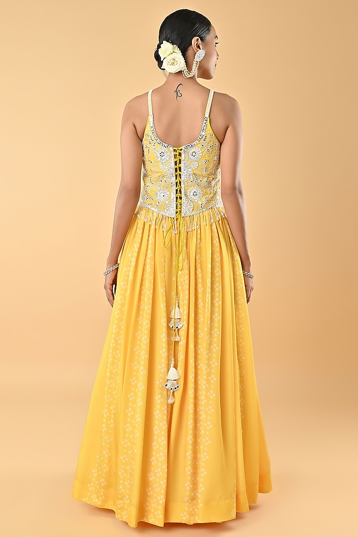 Yellow Chiffon Crepe Bandhani Printed Wedding Lehenga Set by Keith Gomes at Pernia's Pop Up Shop