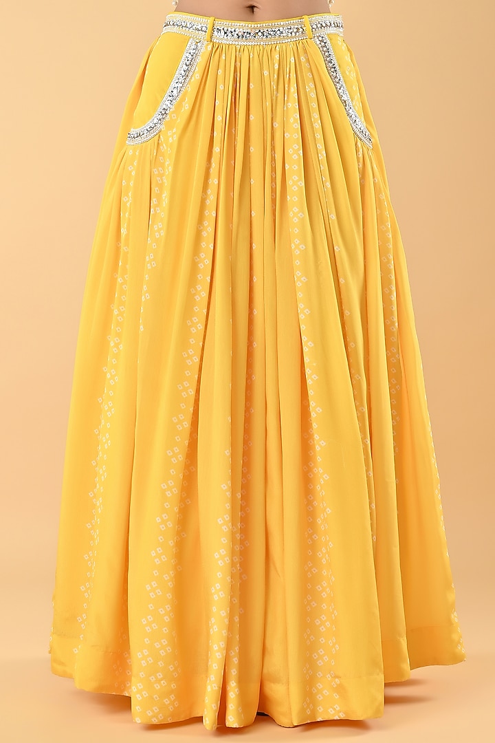 Yellow Chiffon Crepe Bandhani Printed Wedding Lehenga Set by Keith Gomes at Pernia's Pop Up Shop