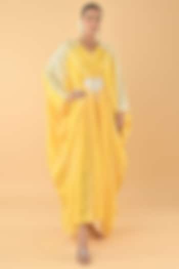 Yellow Chiffon Crepe Bandhani Printed & Mirror Embroidered Kaftan by Keith Gomes at Pernia's Pop Up Shop