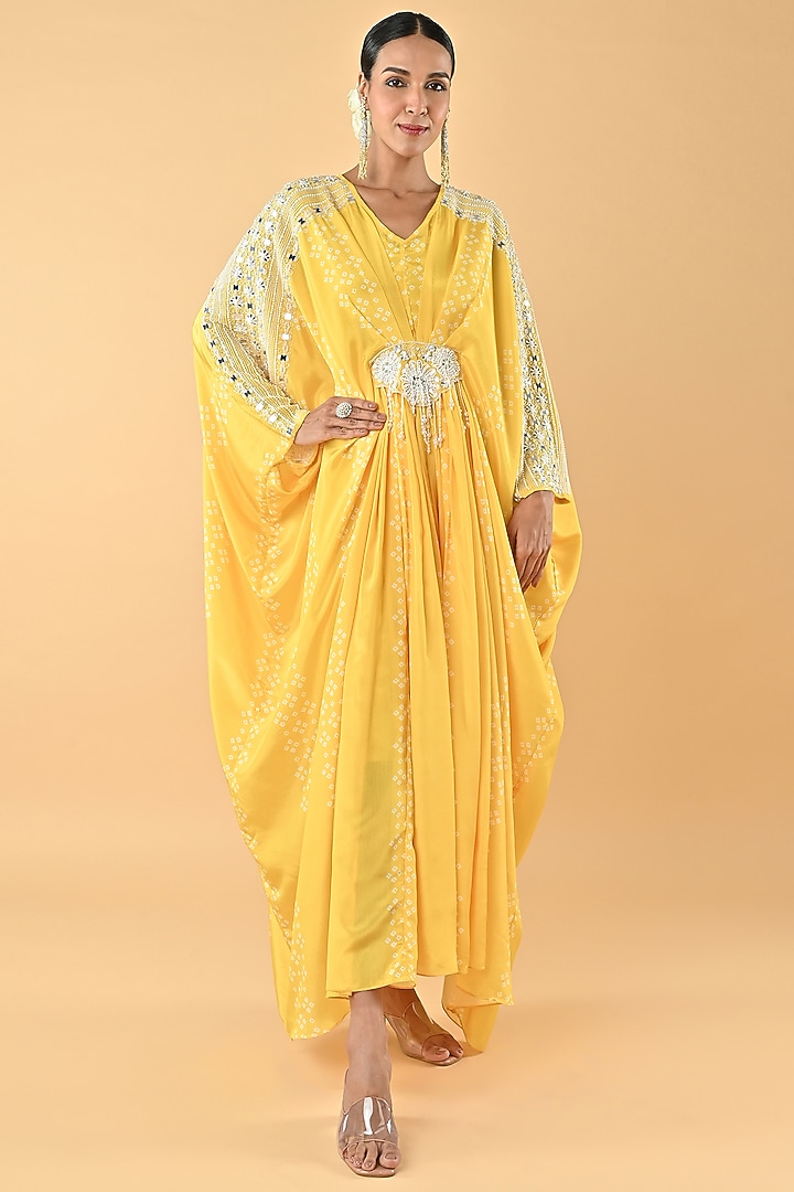 Yellow Chiffon Crepe Bandhani Printed & Mirror Embroidered Kaftan by Keith Gomes at Pernia's Pop Up Shop