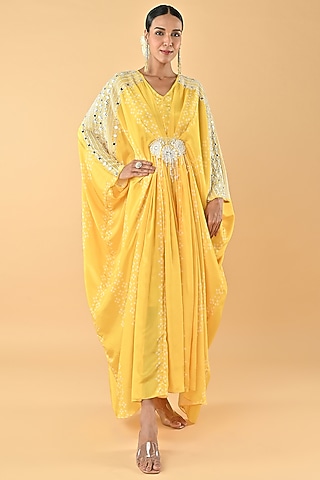Yellow Chiffon Crepe Bandhani Printed & Mirror Embroidered Kaftan by Keith Gomes