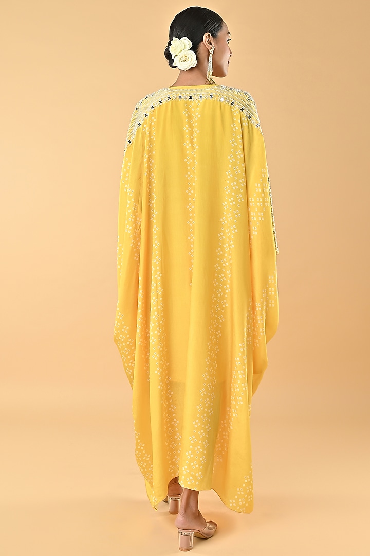 Yellow Chiffon Crepe Bandhani Printed & Mirror Embroidered Kaftan by Keith Gomes at Pernia's Pop Up Shop