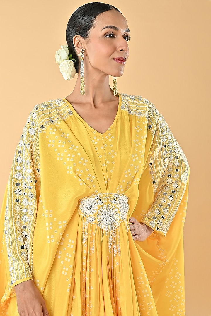 Yellow Chiffon Crepe Bandhani Printed & Mirror Embroidered Kaftan by Keith Gomes at Pernia's Pop Up Shop