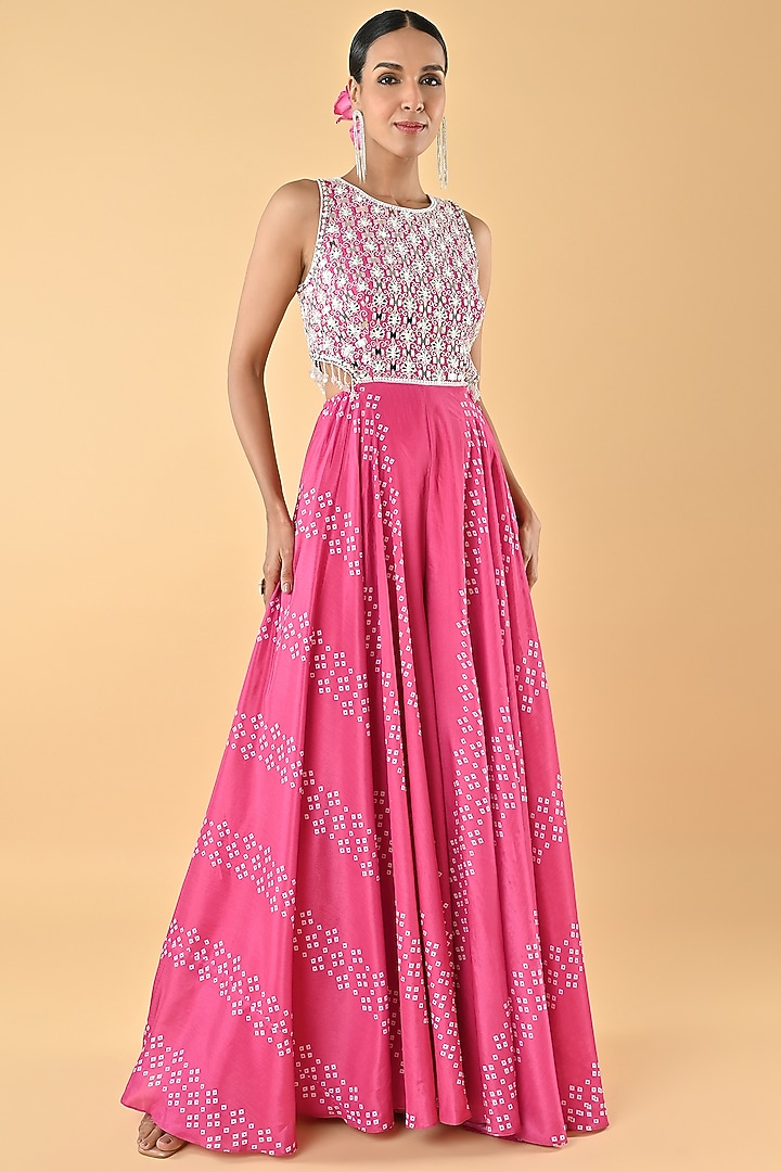 Pink Chiffon Crepe Bandhani Printed & Bead Embellished Jumpsuit by Keith Gomes at Pernia's Pop Up Shop