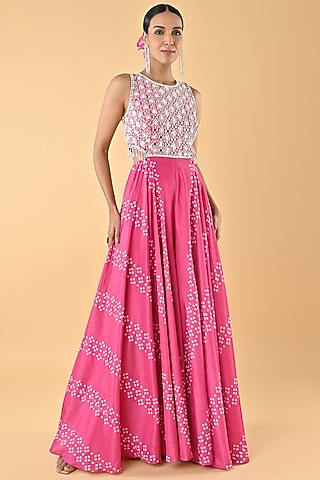 Pink Chiffon Crepe Bandhani Printed & Bead Embellished Jumpsuit by Keith Gomes