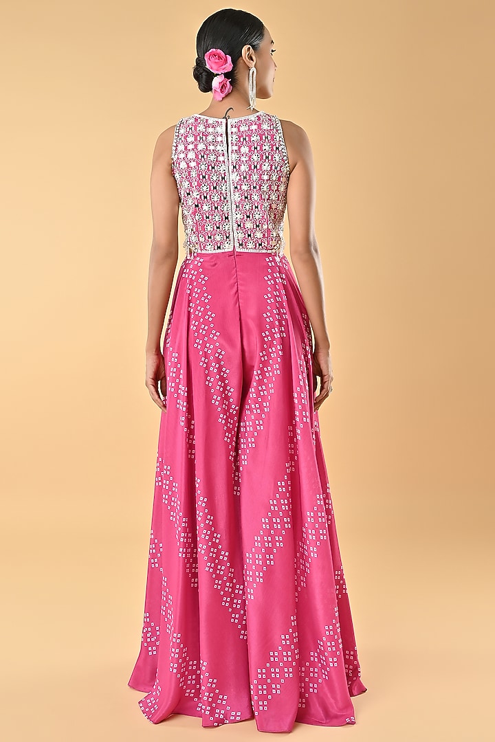 Pink Chiffon Crepe Bandhani Printed & Bead Embellished Jumpsuit by Keith Gomes at Pernia's Pop Up Shop