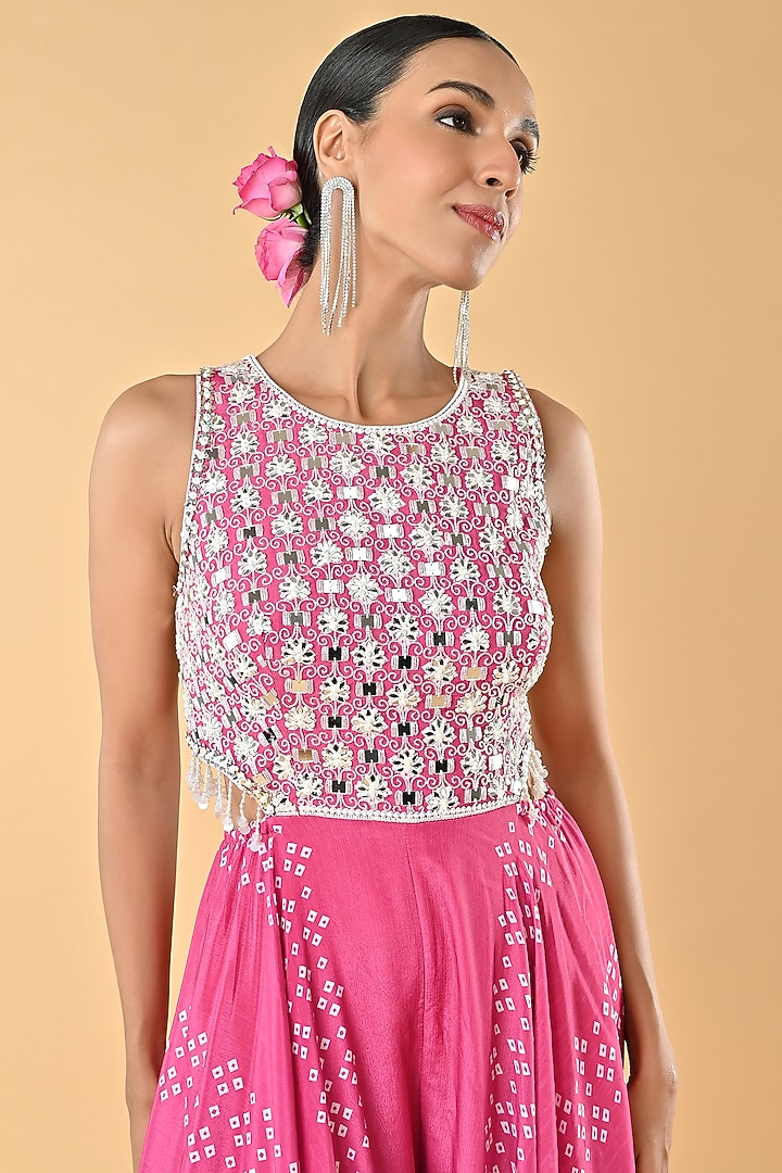 Pink Chiffon Crepe Bandhani Printed & Bead Embellished Jumpsuit by Keith Gomes at Pernia's Pop Up Shop