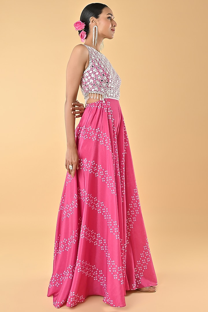 Pink Chiffon Crepe Bandhani Printed & Bead Embellished Jumpsuit by Keith Gomes at Pernia's Pop Up Shop