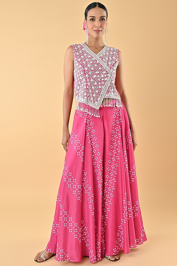 Pink Chiffon Crepe Bandhani Printed Palazzo Pant Set by Keith Gomes at Pernia's Pop Up Shop