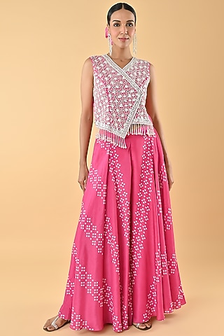 Pink Chiffon Crepe Bandhani Printed Palazzo Pant Set by Keith Gomes
