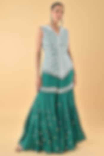Green Chiffon Crepe Tiered Gharara Set by Keith Gomes at Pernia's Pop Up Shop