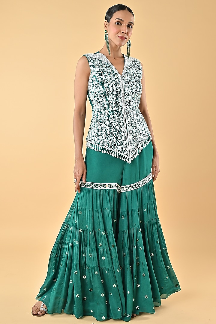 Green Chiffon Crepe Tiered Gharara Set by Keith Gomes at Pernia's Pop Up Shop