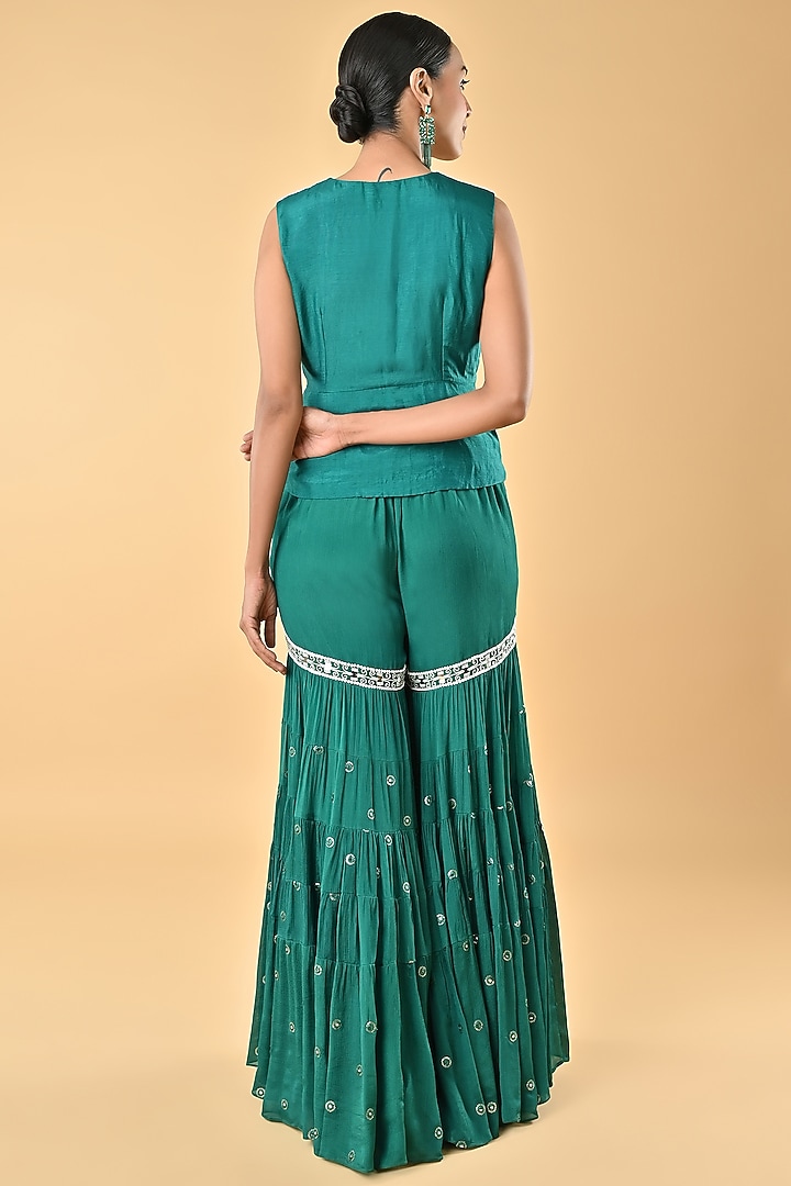 Green Chiffon Crepe Tiered Gharara Set by Keith Gomes at Pernia's Pop Up Shop