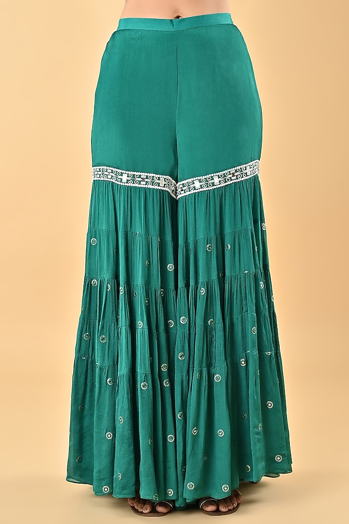 Green Chiffon Crepe Tiered Gharara Set by Keith Gomes at Pernia's Pop Up Shop