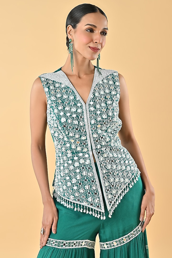 Green Chiffon Crepe Tiered Gharara Set by Keith Gomes at Pernia's Pop Up Shop