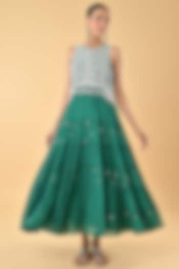 Green Chiffon Crepe Tiered Mirror Embroidered Tiered Cocktail Dress by Keith Gomes at Pernia's Pop Up Shop