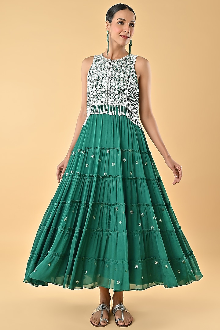 Green Chiffon Crepe Tiered Mirror Embroidered Tiered Cocktail Dress by Keith Gomes at Pernia's Pop Up Shop