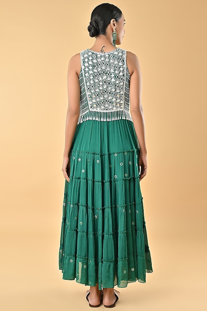 Green Chiffon Crepe Tiered Mirror Embroidered Tiered Cocktail Dress by Keith Gomes at Pernia's Pop Up Shop