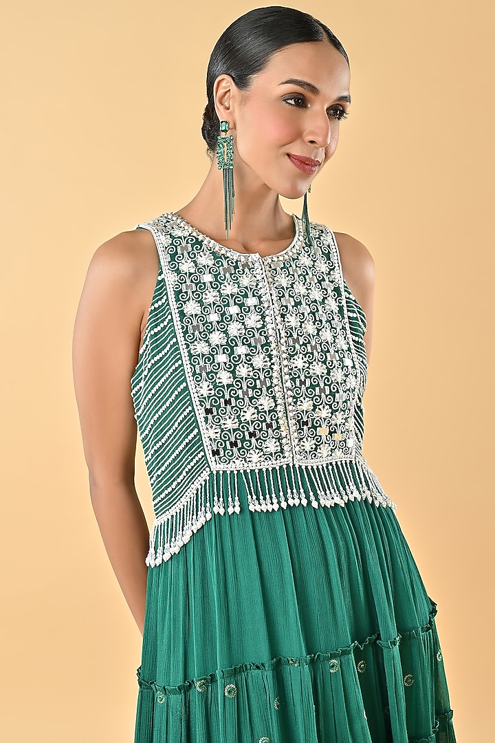 Green Chiffon Crepe Tiered Mirror Embroidered Tiered Cocktail Dress by Keith Gomes at Pernia's Pop Up Shop