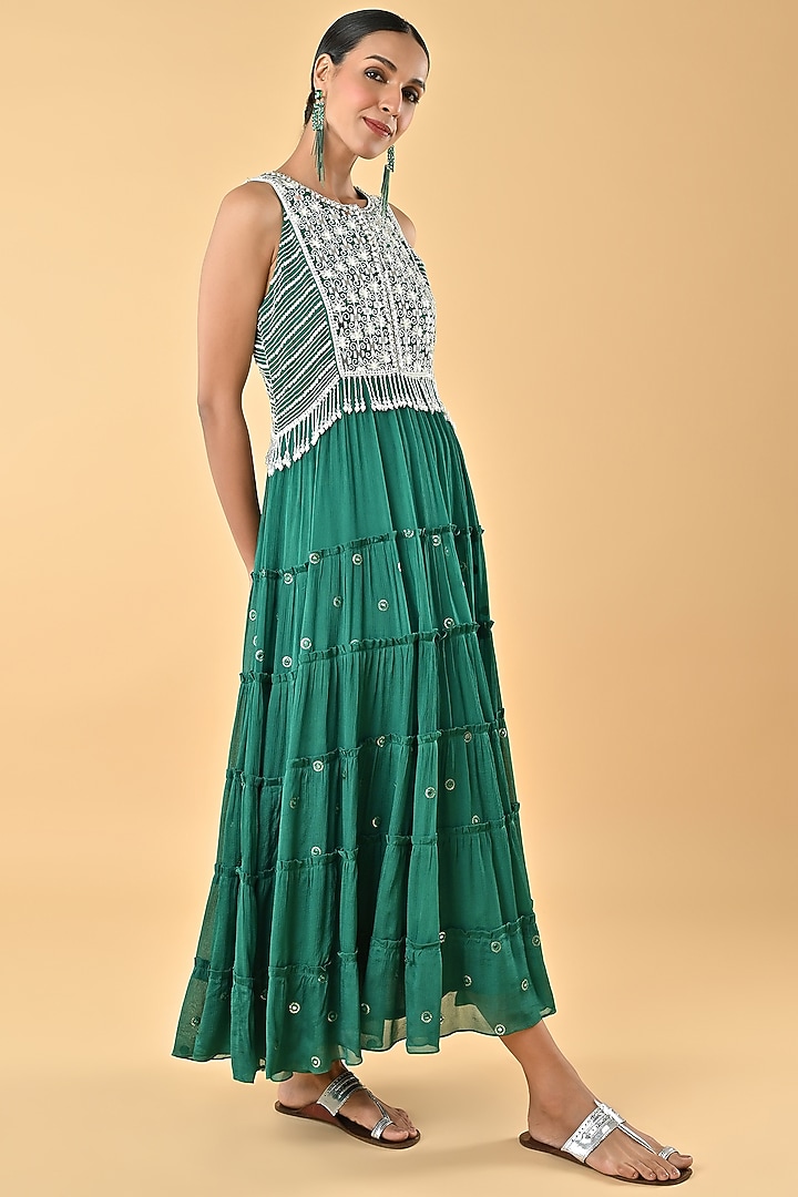 Green Chiffon Crepe Tiered Mirror Embroidered Tiered Cocktail Dress by Keith Gomes at Pernia's Pop Up Shop