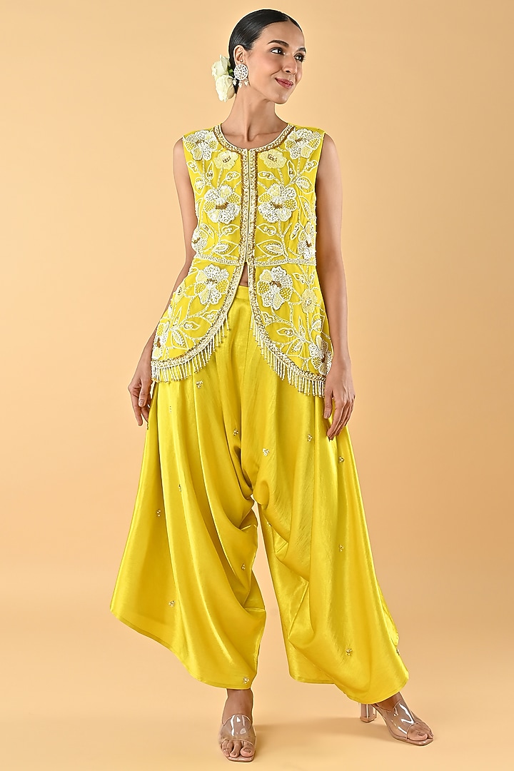 Yellow Heavy Satin Dhoti Set by Keith Gomes at Pernia's Pop Up Shop