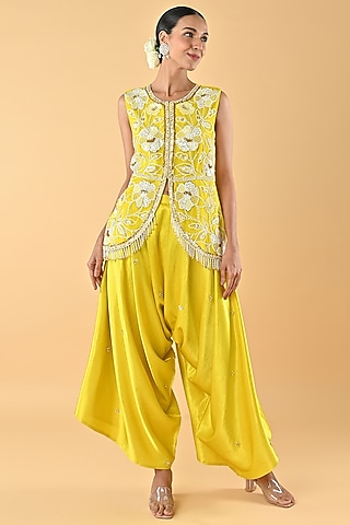 Yellow Heavy Satin Dhoti Set by Keith Gomes