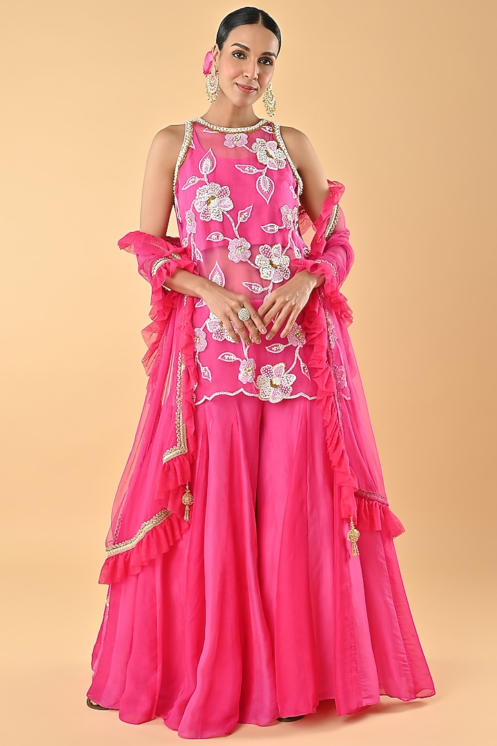Pink Sheer Organza Bead Embroidered Tunic Set by Keith Gomes at Pernia's Pop Up Shop