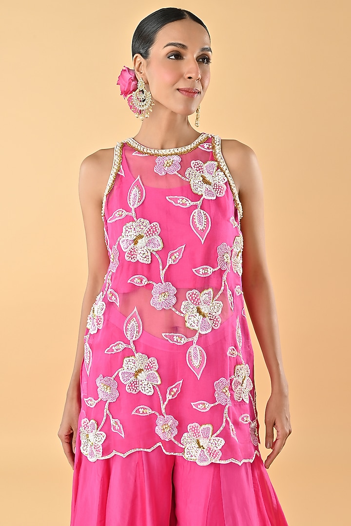 Pink Sheer Organza Bead Embroidered Tunic Set by Keith Gomes at Pernia's Pop Up Shop
